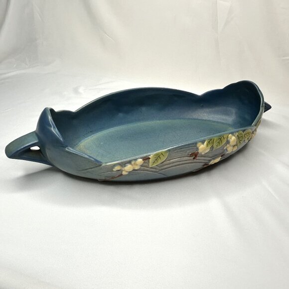 Vintage Roseville Snowberry Console Bowl Blue Glaze Handled Pottery 1940s USA - Picture 1 of 7